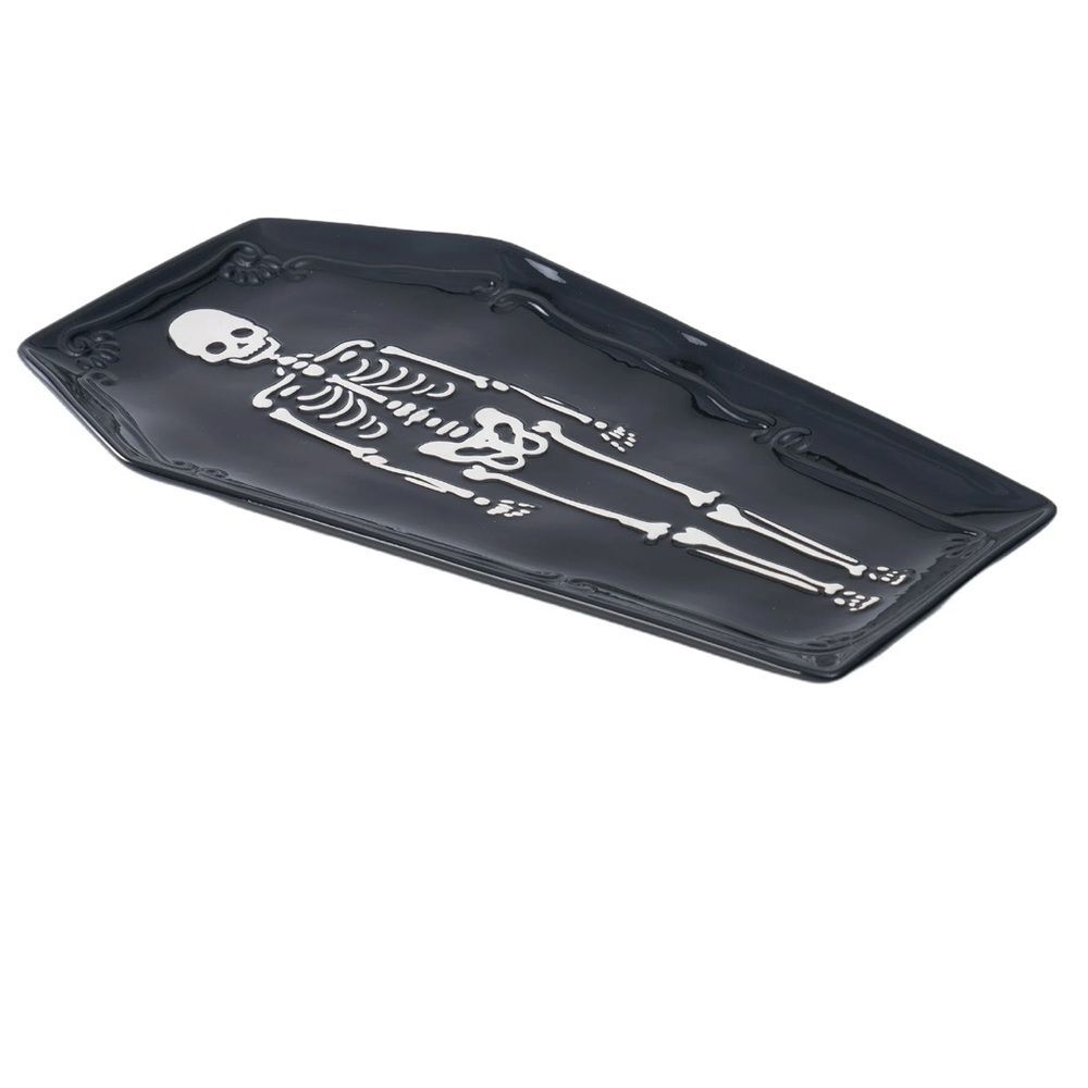 Coffin Tray Skeleton Black Halloween Figural Treat Tray Ceramic Decor Gothic OPT